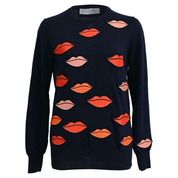 Victoria Victoria Beckham Lips Print Sweater in Navy Blue Wool